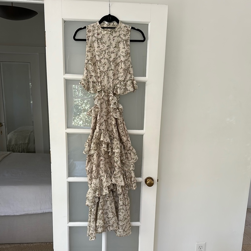 SIR the label Tan Cream Asymmetrical Ruffled Wrap Dress